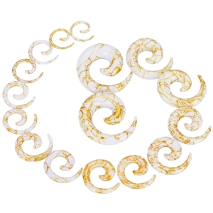Spiral acrylic ear gauges set with white marble texture and gold foil vein patterns