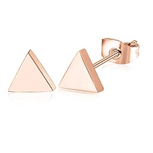 Polished rose gold triangle stud earrings with butterfly backs on white background