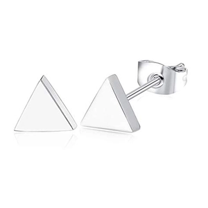 Minimalist silver triangle stud earrings in polished stainless steel with push backs