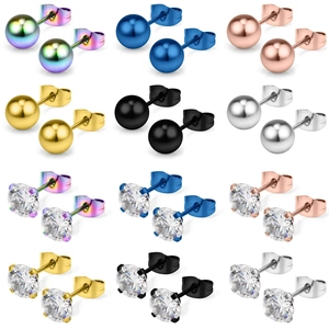 Orecchini a Bottone in Acciaio Inossidabile Sfera Rotonda Zirconia Intarsiato Oro Argento Nero Rosa Blu Gioielli Minimalisti