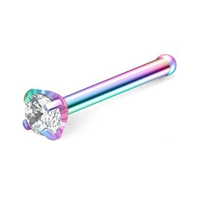 Rainbow stainless steel stud piercing with clear round cubic zirconia and 4-prong setting