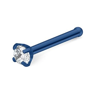 Blue stainless steel stud with a round cubic zirconia in a 4-claw setting for piercings