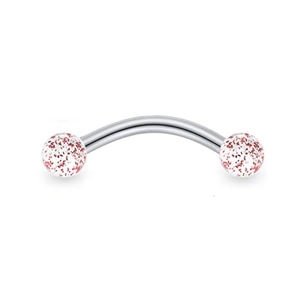 Curved barbell piercing with stainless steel bar and red glitter acrylic ball ends