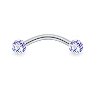 16G curved barbell piercing with silver stainless steel rod and blue glitter acrylic balls