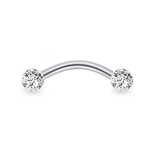 Curved stainless steel barbell with 16G speckled acrylic balls for eyebrow and navel piercing