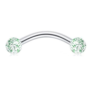 Detail of 16G stainless steel eyebrow ring with green glitter acrylic balls and curved bar
