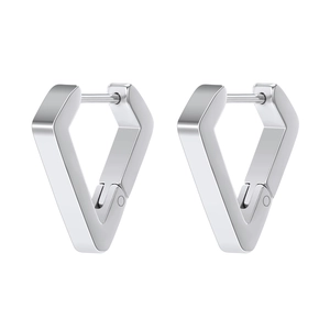 Polished silver V-shape geometric hoop earrings with hinge closure detail in a minimalist style