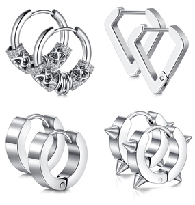 Stainless Steel Hoop Earrings Set Men Women Punk Rivet Inverted Triangle Dragon Pattern Silver Earring Jewelry Finger Ring Gift