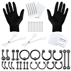 Kit de Piercing Corporal Profesional de Acero Inoxidable Con Tachuelas Negras Nariz Labios Vientre Herramientas y Agujas Joyería