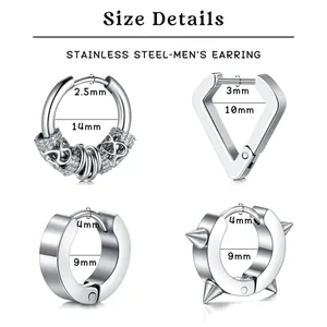 Size chart showing dimensions for four different stainless steel men's earrings in silver