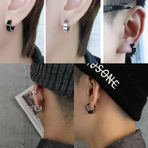 Set of 4 pairs of black and silver stainless steel punk earrings with dragon patterns