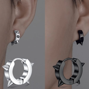 Set of black and silver punk stainless steel hoop earrings with spiked rivet studs