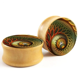 Double flare wood ear plugs featuring colorful fractal geometric tree patterns