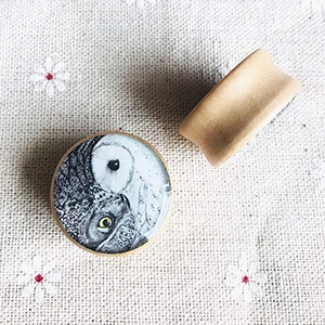 Natural wood flesh tunnels with realistic owl eye inlay on embroidered fabric