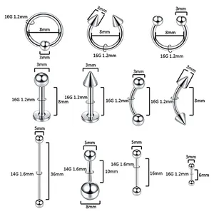 Guía de tallas para kit de 140 piercings de acero inoxidable con joyas de 14G y 16G