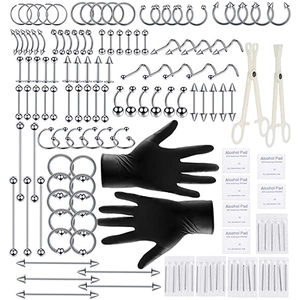 Kit Profesional de Perforación Corporal de Acero Inoxidable Con Aro de Nariz Pendiente de Labio Piercing de Ceja Agujas y Herramientas