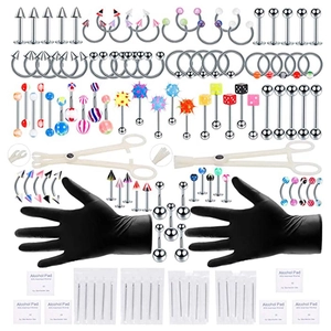 Kit de Piercing de Acero Inoxidable Con Anillo Nariz Lengua Labio Agujas Pinzas Almohadillas Alcohol Guantes Set Multicolor