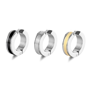 Detailed view of stainless steel hinged clip-on earrings in black, silver and gold finishes