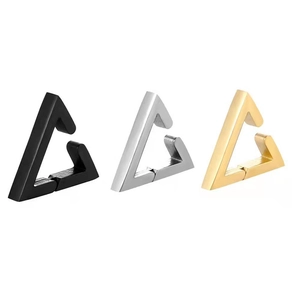 Three triangular stainless steel ear cuffs in black, silver, and gold for non-pierced ears