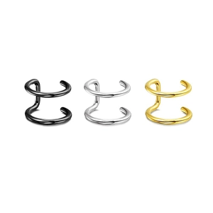 Three-piece set of black silver and gold minimalist double-band ear cuffs for non-pierced ears