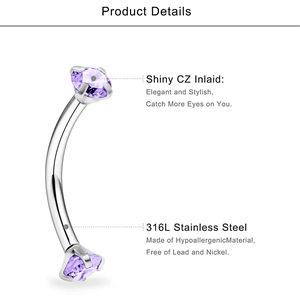 Curved 316L stainless steel eyebrow ring with purple heart-shaped cubic zirconia