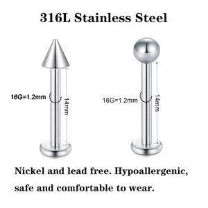 Allergy-free 316L stainless steel labret set with ball and spike tops in 16G 14mm size