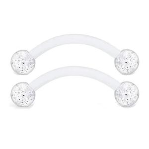 Set of two clear Bioflex curved barbell eyebrow rings with sparkling glitter acrylic balls