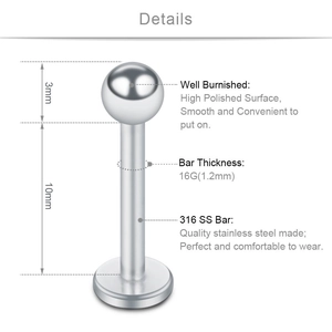 Stud de labret 16G en acier inoxydable 316 avec bille de 3mm et fini poli pour le piercing