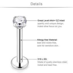 Set piercing lèvre en acier inoxydable 316L avec zircone AAA+ et base plate