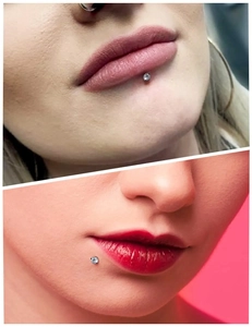 Detailansicht von zwei Hauttönen mit rund geschliffenem Zirkonia-Lippenpiercing