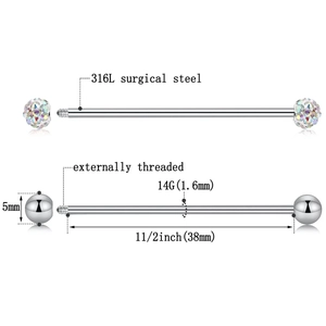 316L Edelstahl Industrial Barbell Set mit 14G 38mm Aurora AB Kristallen
