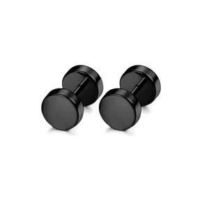 Détail de boucles d'oreilles haltères en acier inoxydable noir mat au design rond épuré