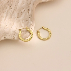 Minimalist 18K gold-plated stainless steel earrings with classic Greek Key textured engraving
