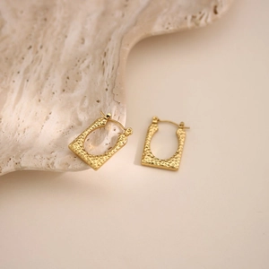 Minimalist 18K gold plated stainless steel rectangle hoop earrings with hammered texture