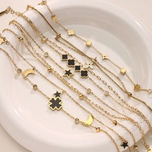 18K Gold Plated Stainless Steel Double Layer Bracelet For Women Black Clover Star Moon Enamel Pendant Fashion Jewelry