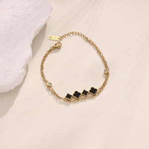 18K gold plated double layer stainless steel bracelet with black clover and crystals