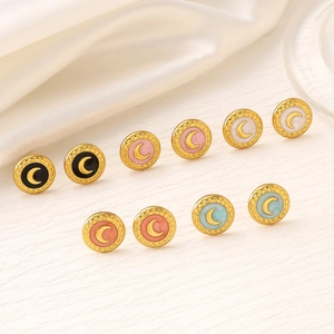 Vintage Round Stainless Steel Stud Earrings With 18K Gold Plated Enamel Crescent Moon Pattern Fashion Jewelry For Women