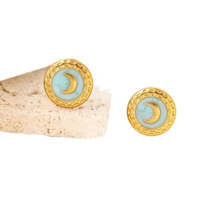 Vintage 18K gold-plated crescent moon earrings with blue enamel and hammered texture