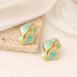Irregular 18K gold plated stainless steel stud earrings with mint green enamel inlay