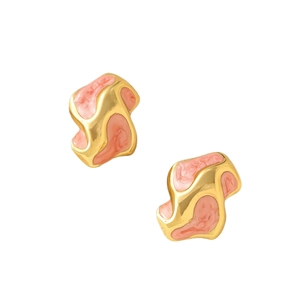 Irregular pink enamel wave earrings in 18K gold plated stainless steel on white background