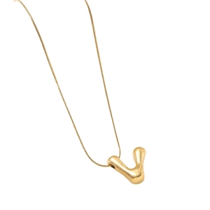 Polished 18K gold balloon letter V pendant necklace with sleek snake chain for women