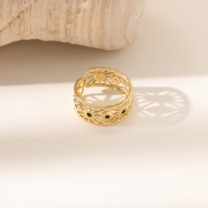 Französischer Vintage-Goldring mit schwarzen Kristallen und offenem Design