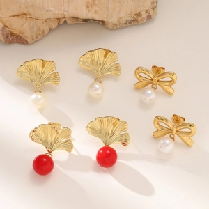 18K Gold Plated Stainless Steel Ginkgo Leaf Bowknot Stud Earrings With Faux Artificial Pearl Vintage Jewelry For Women Gift