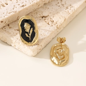 French vintage oval gold stainless steel earrings with black enamel and rose relief