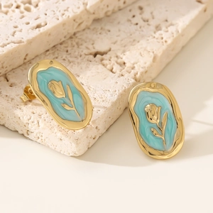 French vintage oval gold earrings with blue enamel rose and tulip floral relief design