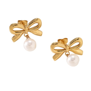 Exquisite 18K gold bow knot stud earrings with elegant hanging round pearl charms