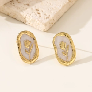 French retro oval stainless steel stud earrings with pink marble and gold tulip relief