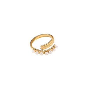 Französischer Vintage Goldring verstellbar mit Federtextur und eingelegten weißen Perlen