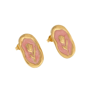 French vintage oval gold earrings with pink tulip floral relief and enamel finish