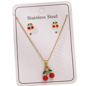 Parure bijoux cerise en acier inoxydable plaqué or 18 carats avec boucles
